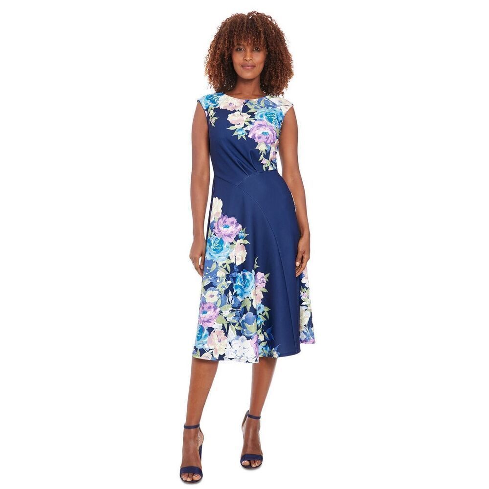 London Times Women's Floral Extended-Shoulder Midi Dress Size 8